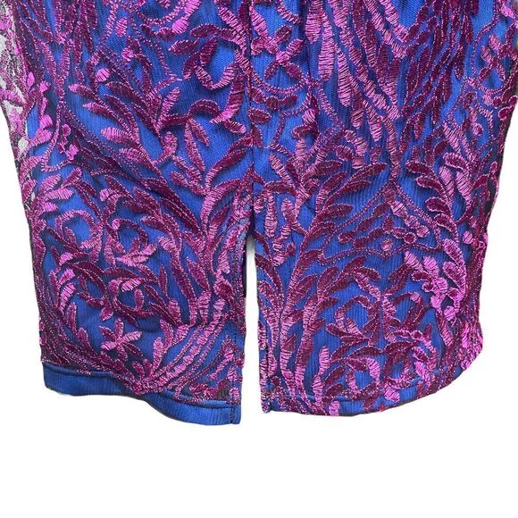 JS Collections Short Sleeve Blue Pink Overlay Metallic Sheath Cocktail Dress - Picture 11 of 12